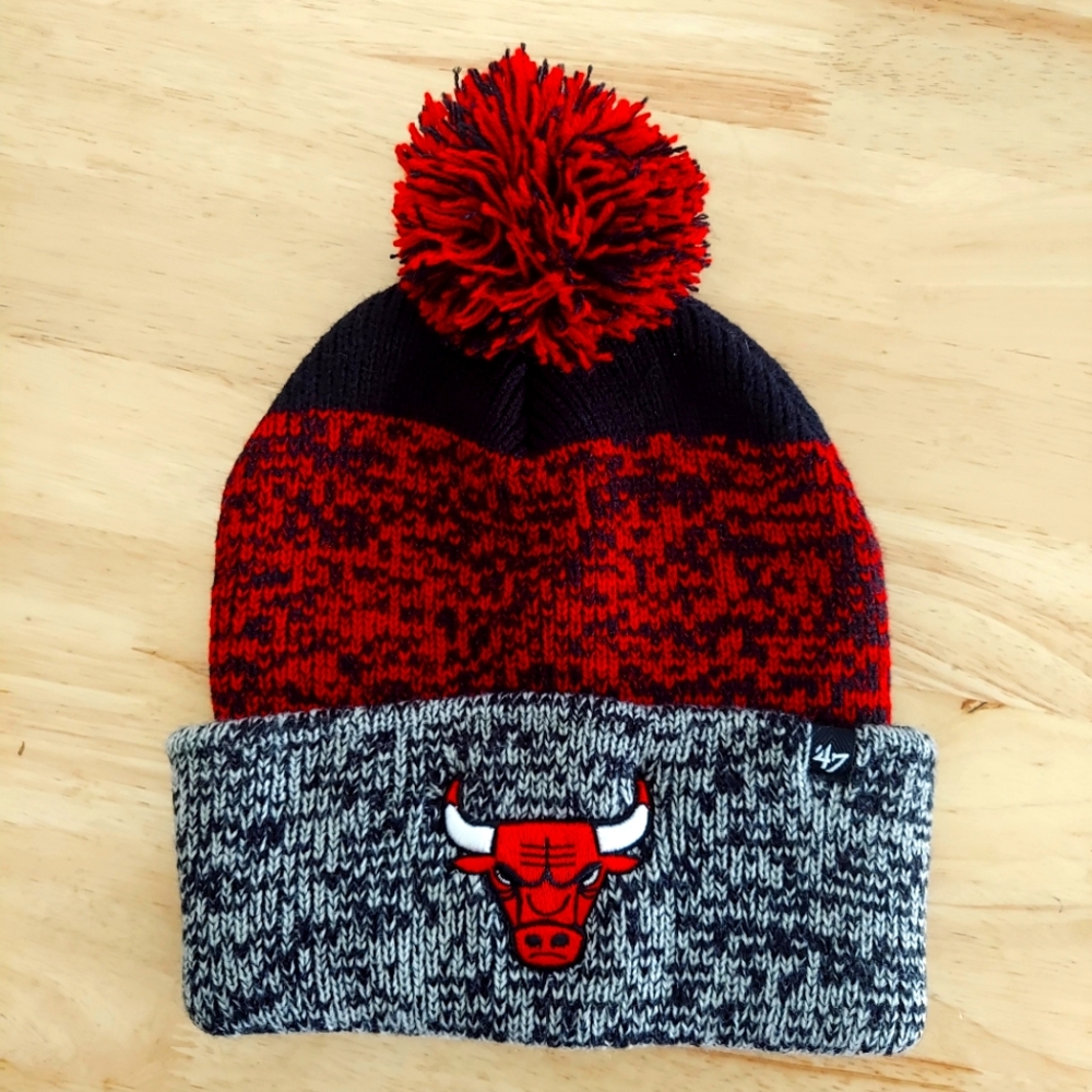 Chicago Bulls Knit Hat '47 Brand Cap Pom Stitched Logo Heather Red Black Gray